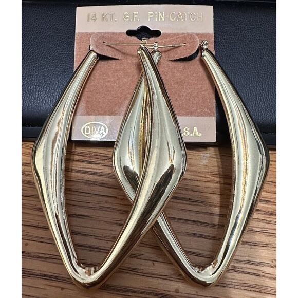 C & L Retro 14K Gold-Filled 3" Oval Kite Hoops Pin-Catch Light Diva Vintage NEW - Picture 1 of 5